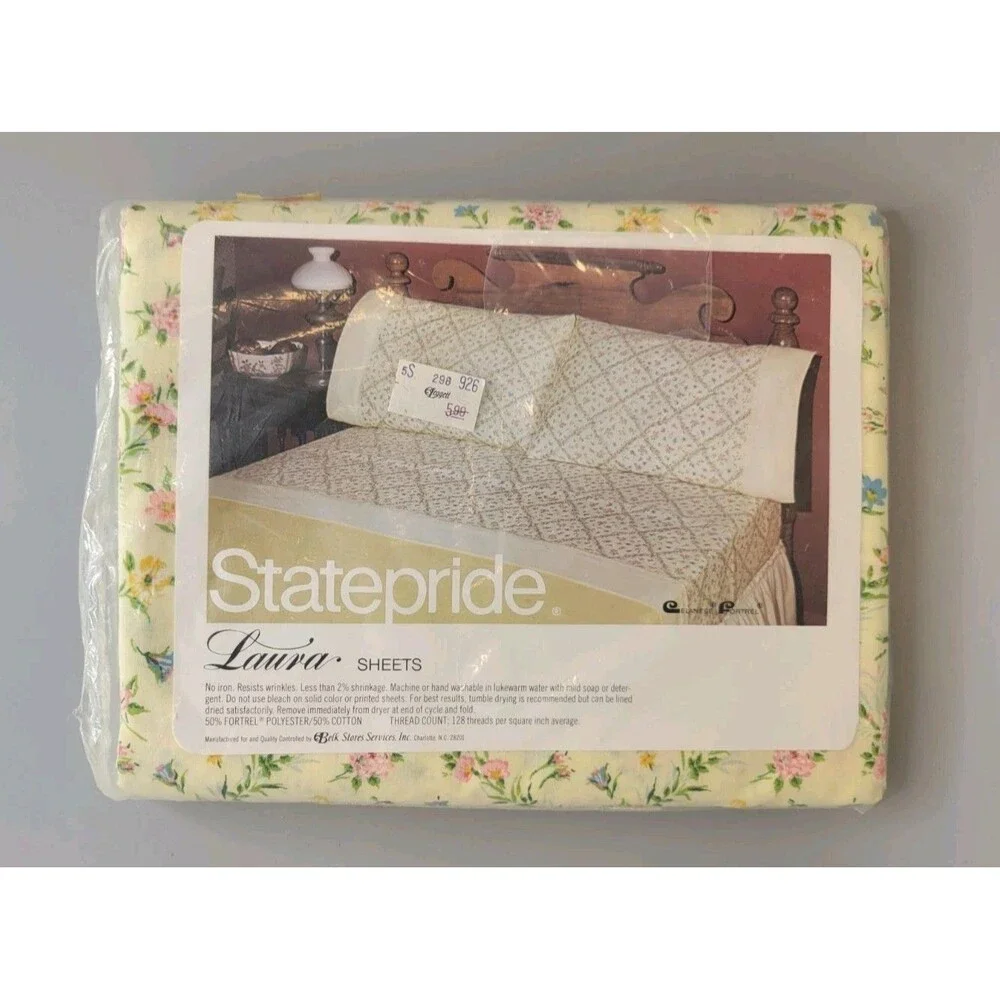 Vtg NOS Statepride Twin Flat Bed Sheet Floral Yellow Pink Scalloped Edge 70s
